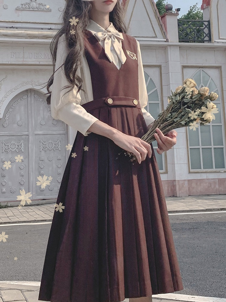 with 70cm Brown / Embroidery High Waist Box Pleat Overall Dress 65 Dove
