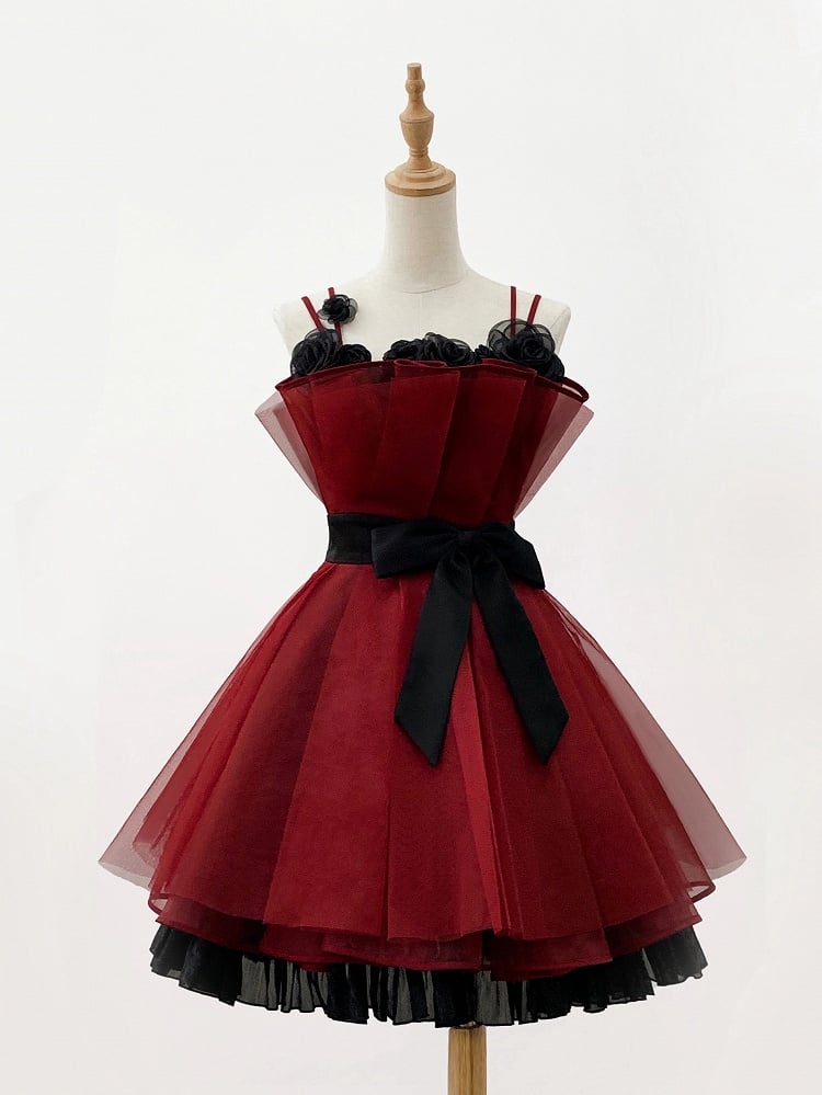 Black Dress Neckline Party Jumper Birthday Straps Floral Red and Lolita Skirt Spaghetti
