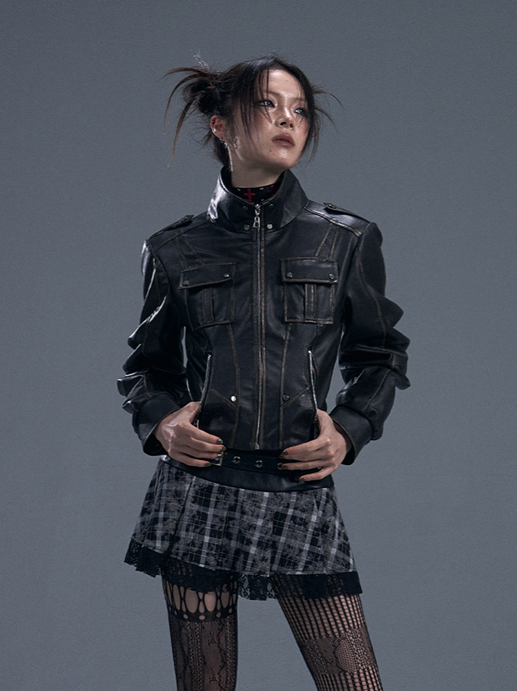Black PU Vintage Punk Crop Jacket with Buckle Accents