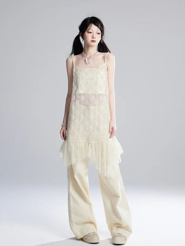Strapless Hem Cropped Sequins Mesh Slip Dress/Apricot Apricot Semi-sheer Top Star Pattern Asymmetrical