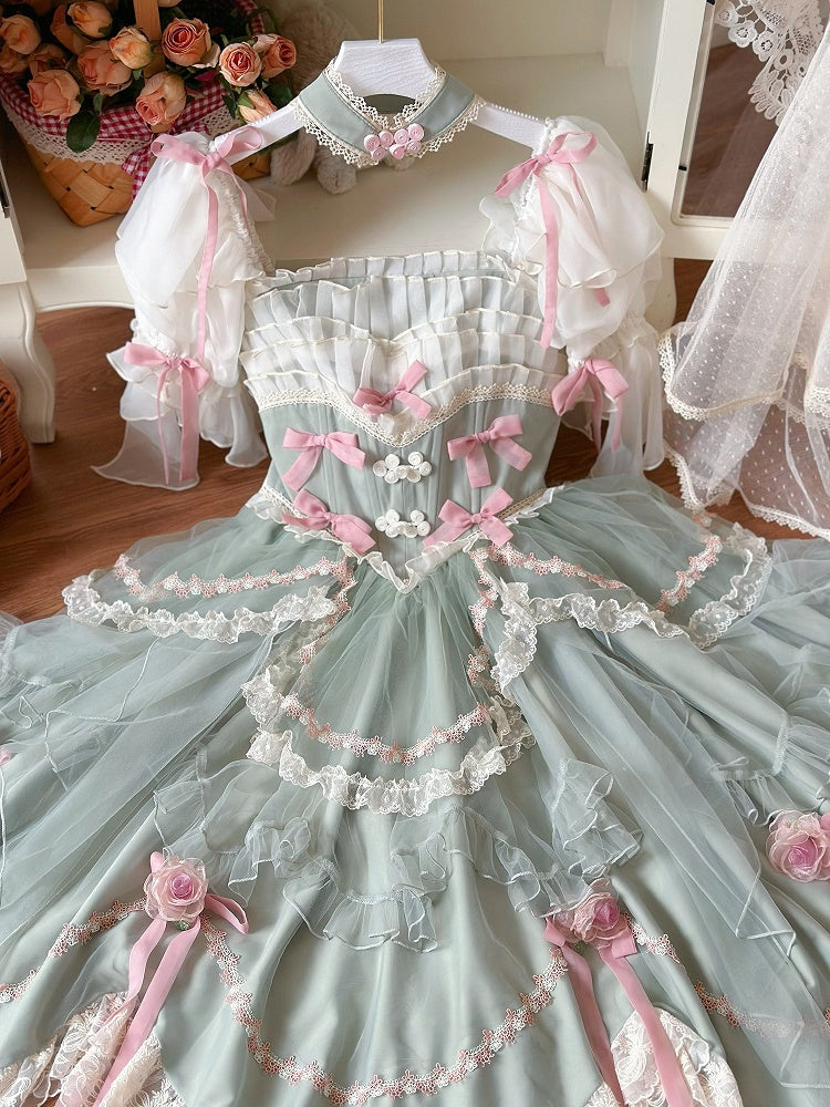 Grünes Baskenhemd mit floralen Schleifen und Hanayome-Lolita-OP / Komplettset