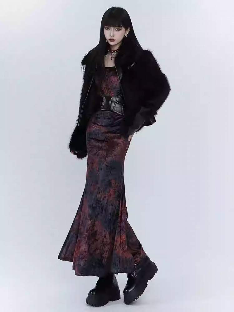 ブラック&レッドのタイダイマーメイドスカートベルベットドレス