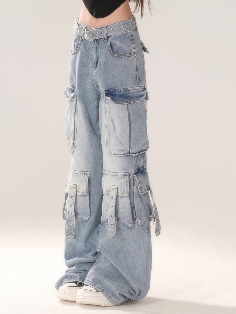 Gradient Blue Wide-Leg Cargo Jeans with Strap Detailing
