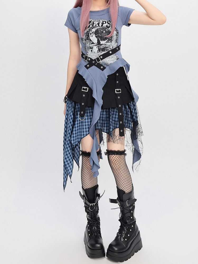 Y2K Blue/Black Criss-cross Design Cascading Ruffle Accents Moon T-shirt Print