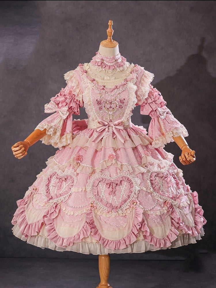 Wunderschönes Hanayome Lolita-Kleid mit Blumenstickerei und Perlenkettendetails in Rosa