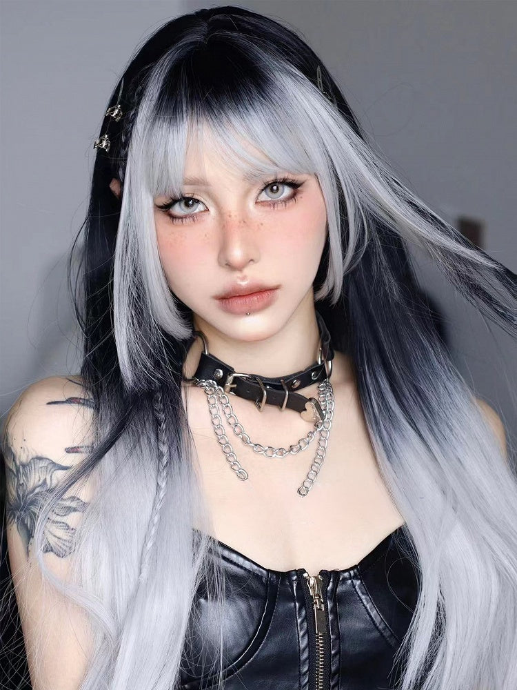 And Straight Bangs Length Air 68CM Silver Ombre With Black Wig