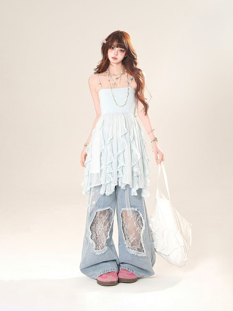Lace Waist Accessory Patches Blue Low Wide-Leg Jeans with Waist Distressed Holes