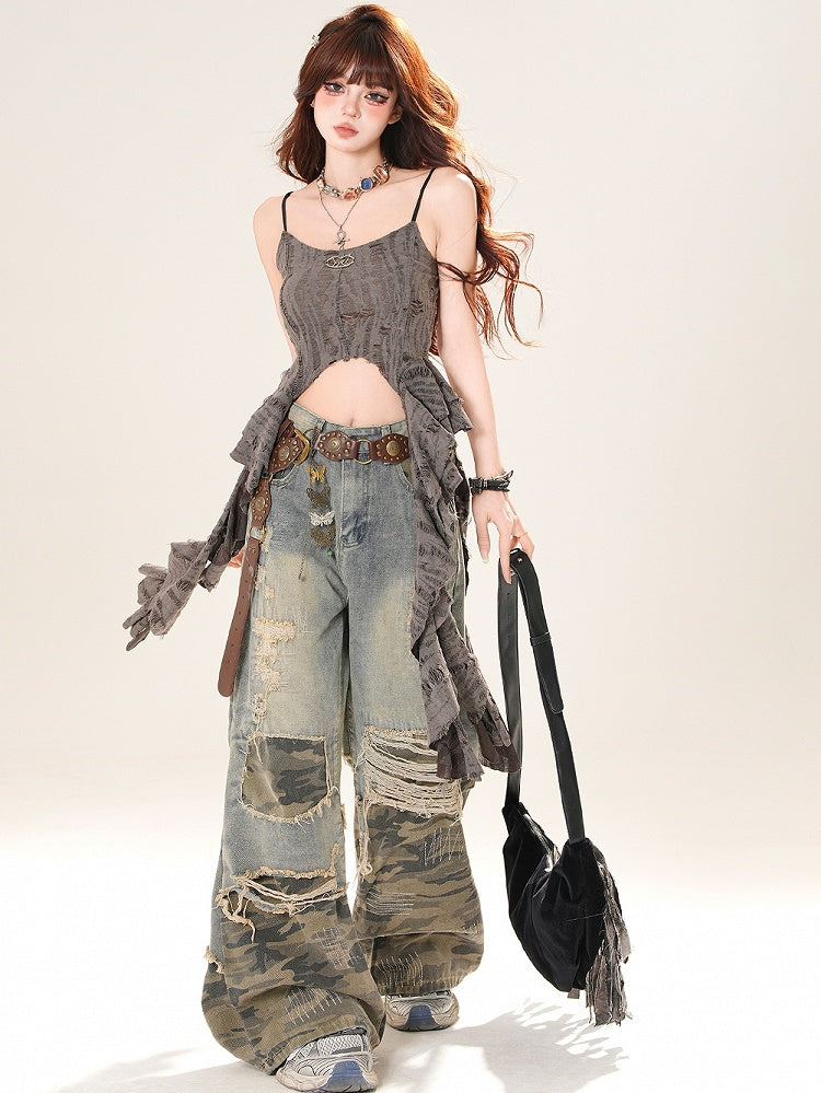 Blaue Camo Löcher Schnitt Bittersüß Glamourös Jeans Muster Weites Bein Distressed