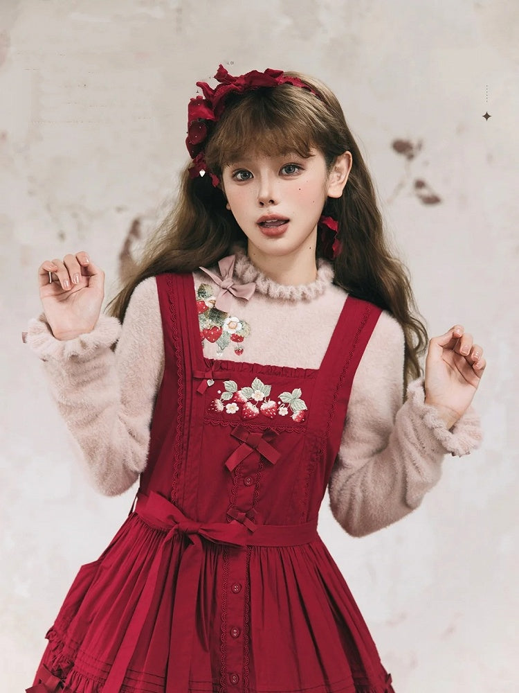 Dusty Autumn Embroidery Strawberry Bowknot Knit on Neckline Top Cuffs Pink