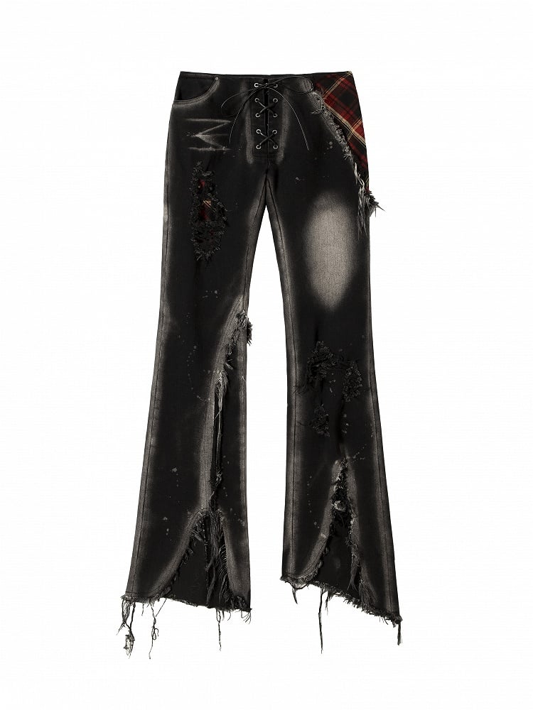 Straight-Leg Flare Black Punk Distressed Holes Jeans with Red Plaid Patchwork