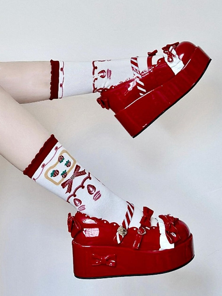 Calf Bowknot Red Print Lolita Strawberry Socks