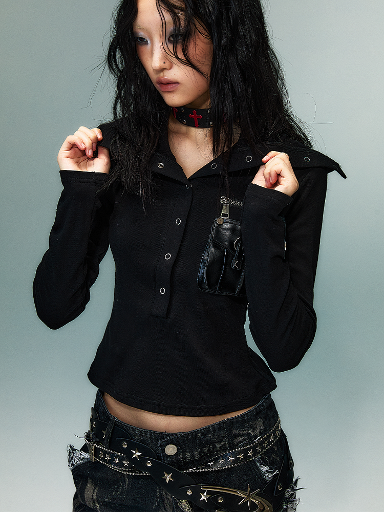 Black Dark Punk High-Neck Knit Top with PU Pocket
