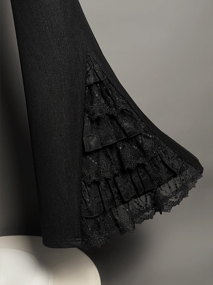 Tiered Patches Pants Lace Flared Cuffs Black