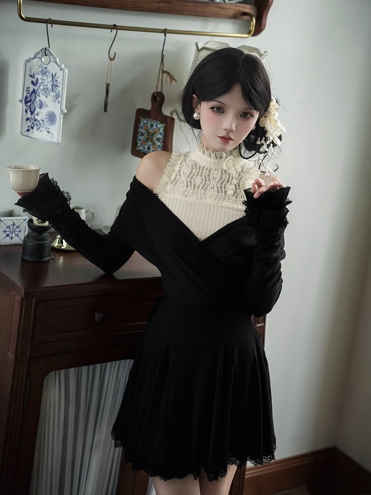 V-Neck + Short Top Hairclip Deep Sleeves Flower Knit Sleeveless Beige Black Long Dress