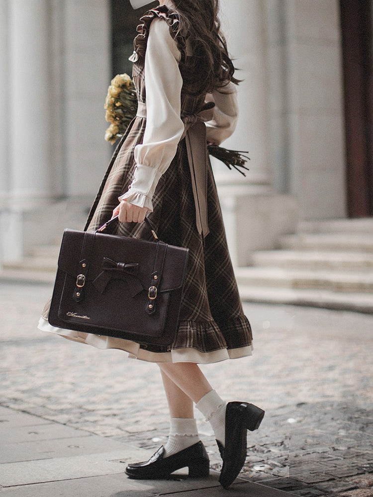 Two-pieces Fake Pattern Plaid Belt with Dress Brown