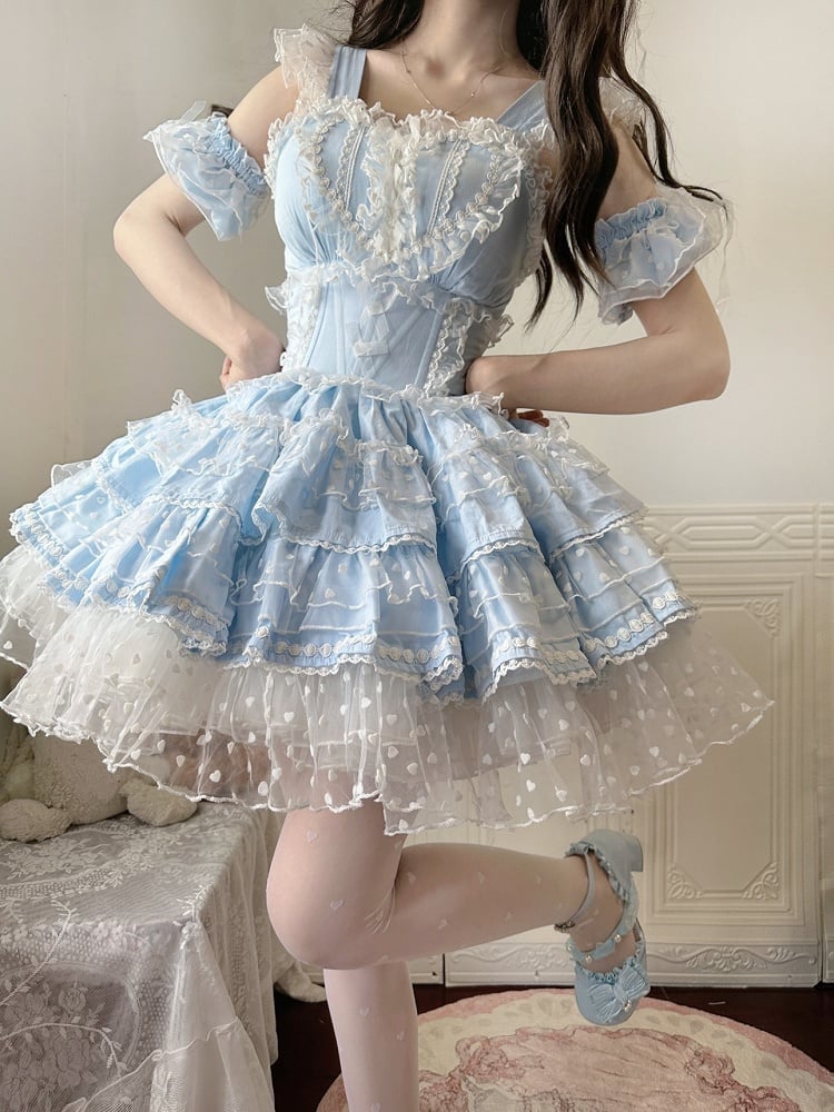 Polka-dot Hime Lolita Hanayome Lolita Dress Pattern Heart Blue JSK Ruffled Heart Front