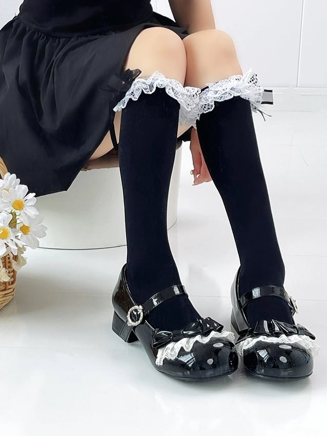 Sweet Heels Low Toe with - Round Lolita Black PU Leather