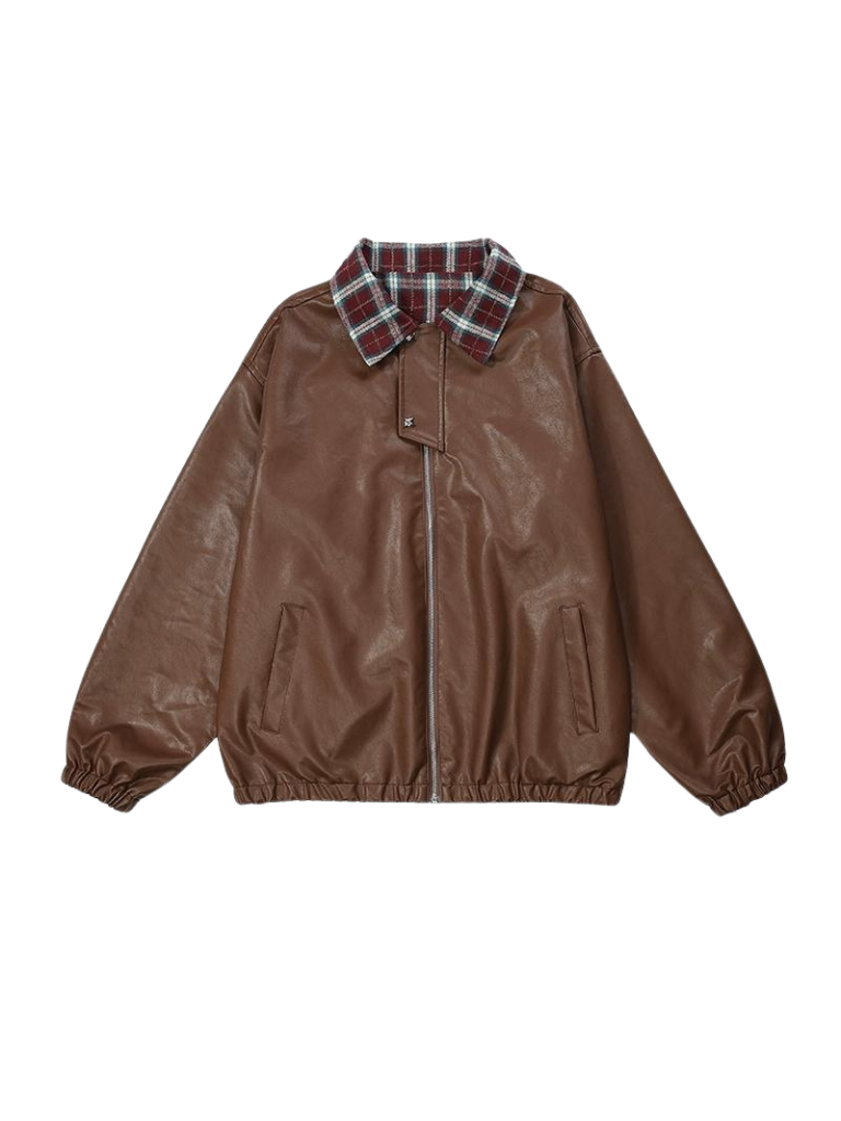 Veste rétro à col à carreaux en cuir ample américain