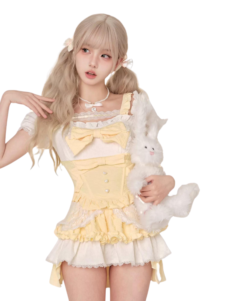 Top Sandwich Milk Yellow Off-Shoulder Ribbon Sleeve Skirt + Puff