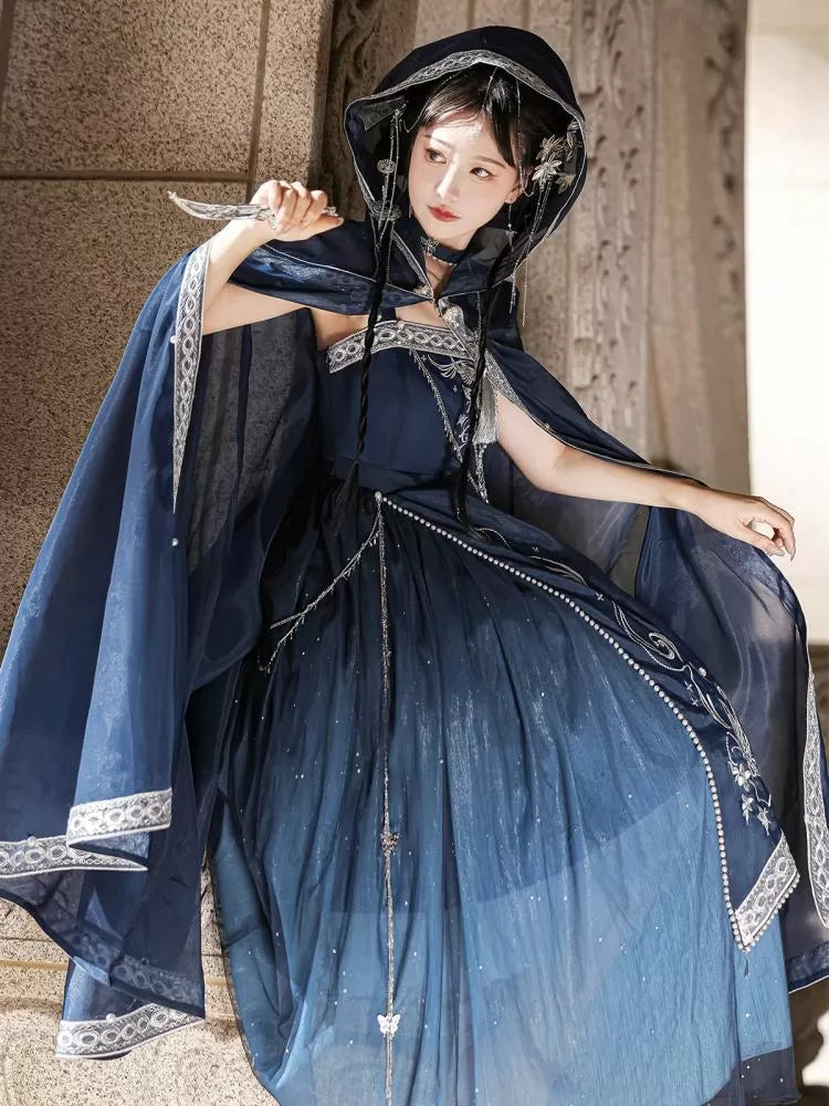 Night + Blue Embroidery Dress Long Dark Butterfly Starry Dreamy