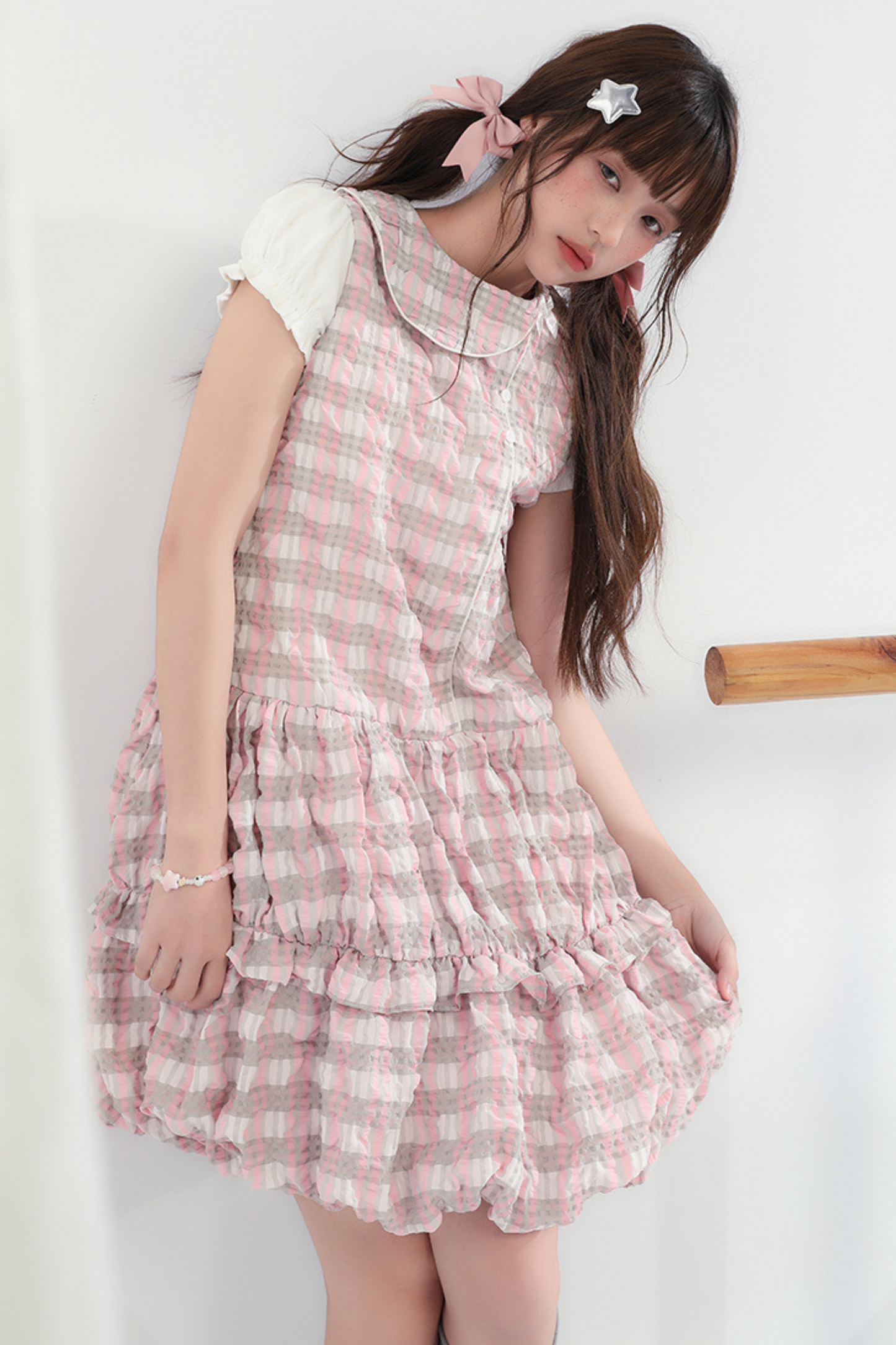 Ruffle Girly Color Sleeve Block Sweet Dress