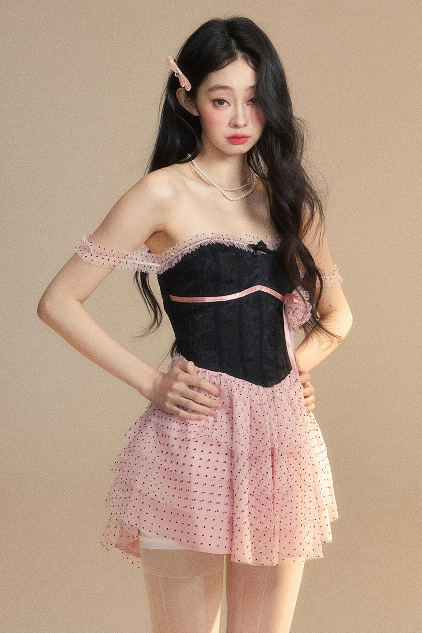 Top Lace Pink Tube Black Dress