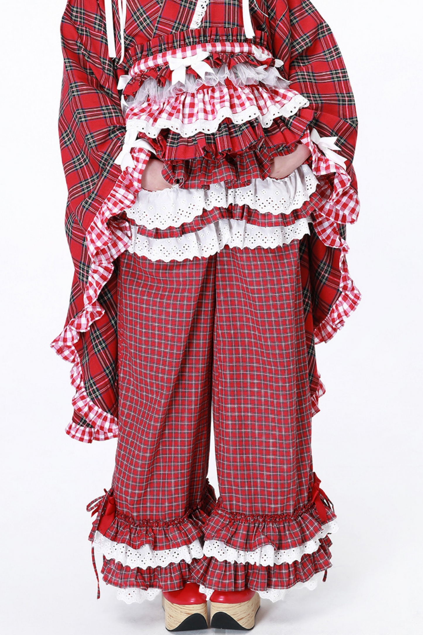 Check Lace Ruffle Retro Long Pants