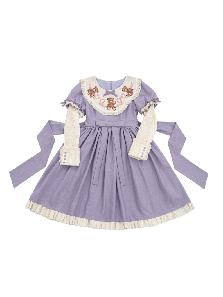 ロリータテディベアフラップレースパフスリーブリボンデレス
