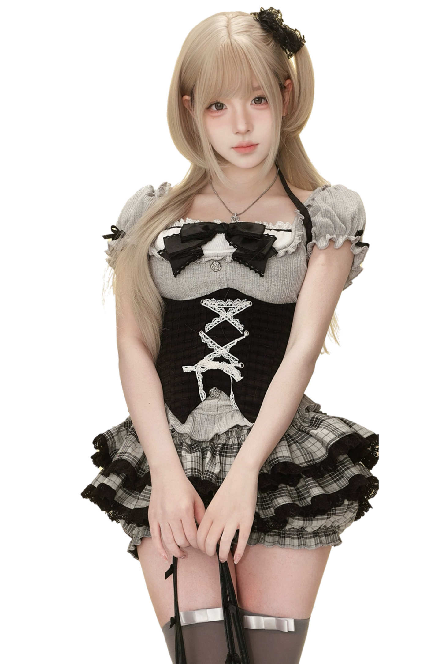 Skirt Secret Cake Belt Plaid Language + Black Top Moonlight Waist