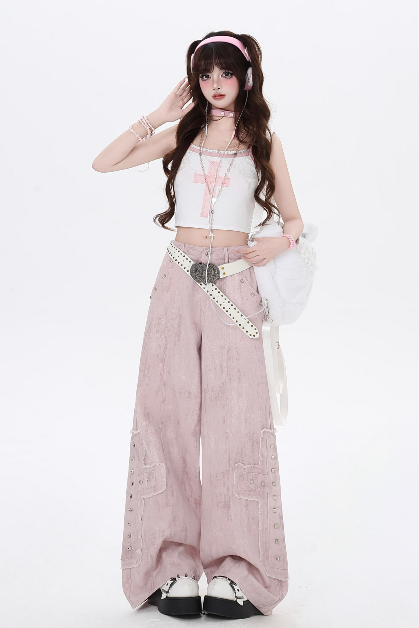 Leg High Work Waist Denim Pink Pants Straight