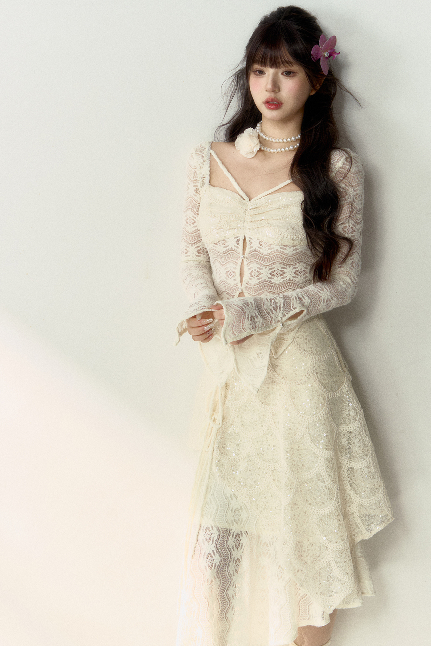 Shiny Top Sheer + French Asymmetrical Skirt Lace