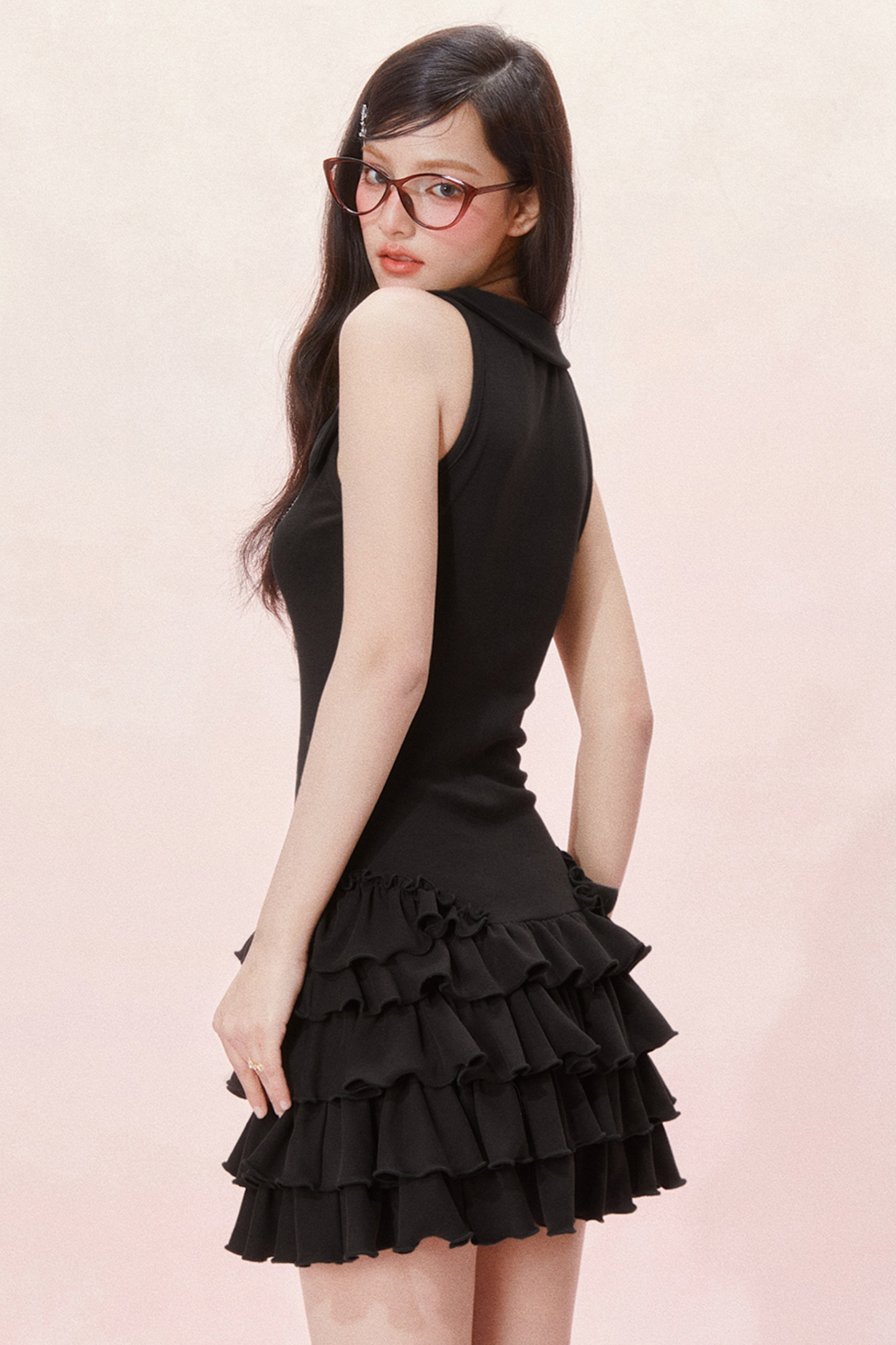 Slim Cake Dress Fit Sleeveless Chic Ruffle V-Neck