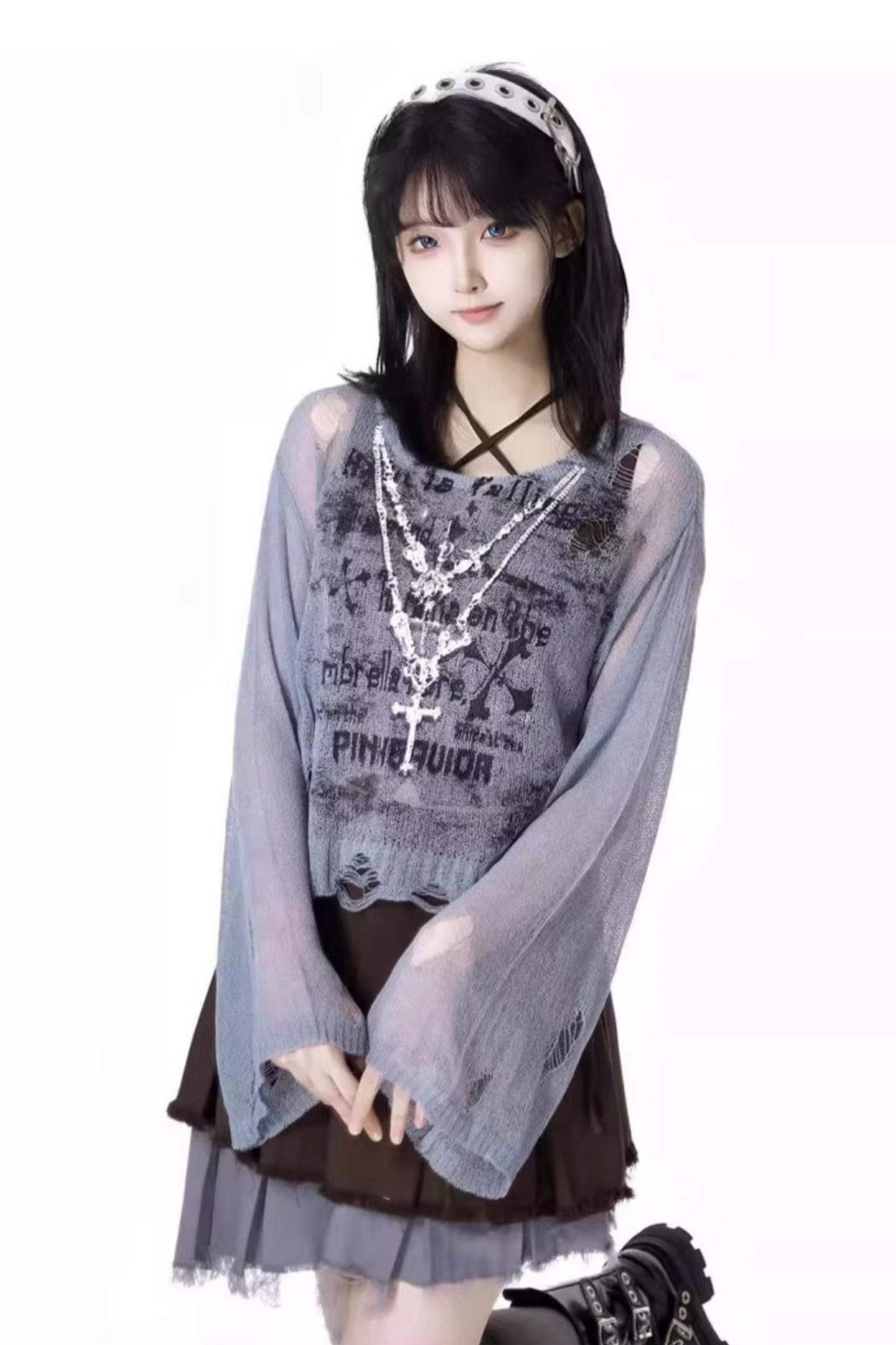skirt + blue bustier top dark check y2k asymmetrical