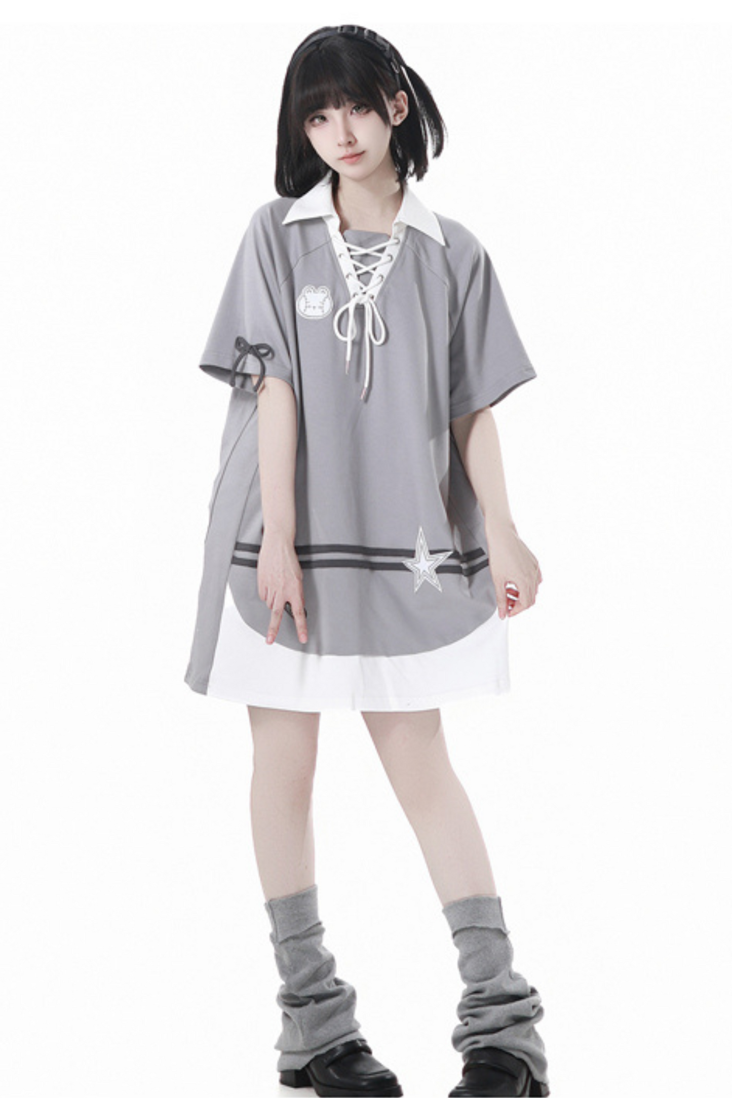 loose Lace-up skirt balloon top hooded t-shirt +