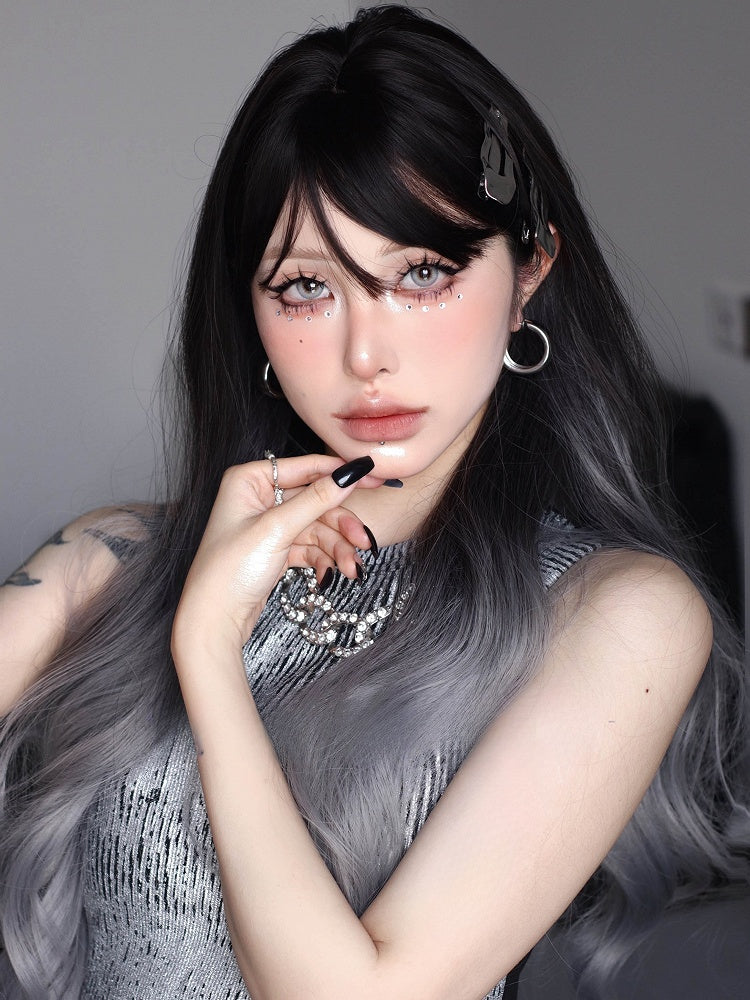With Ombre Length And Wavy Bangs Wig Black 70CM Gray