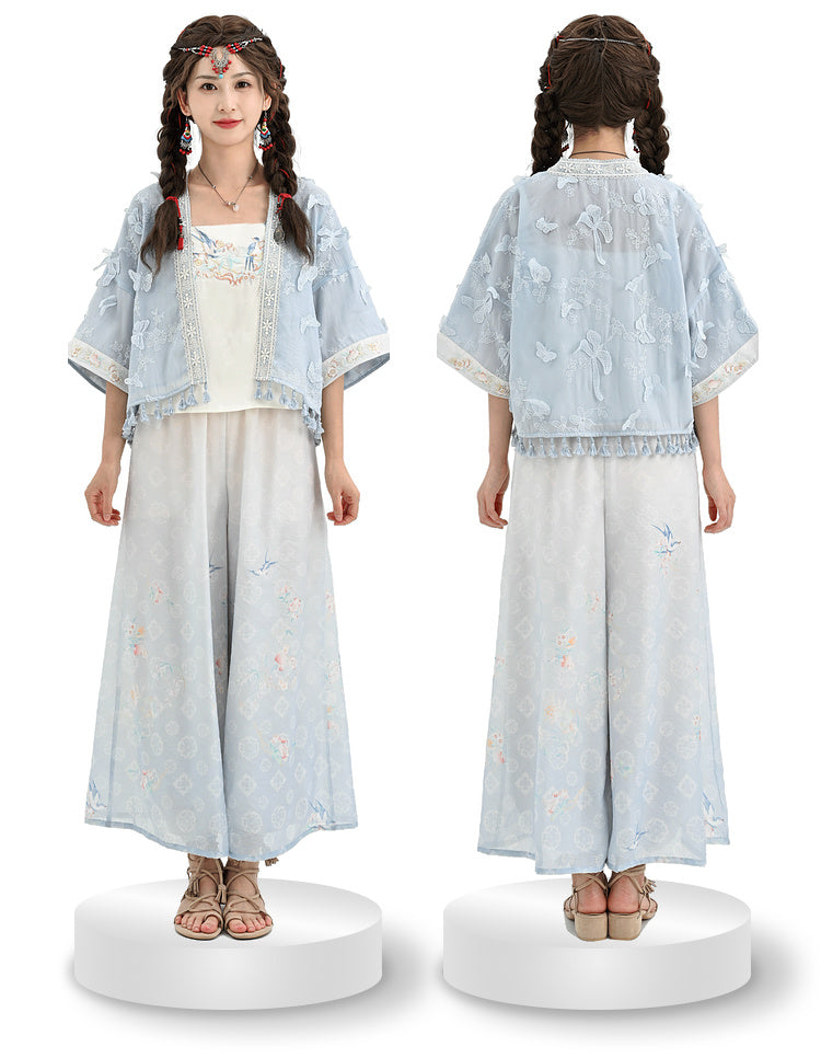 Sleeves Top Hem Butterfly Floral Embroidery Blue Tassels Design Long
