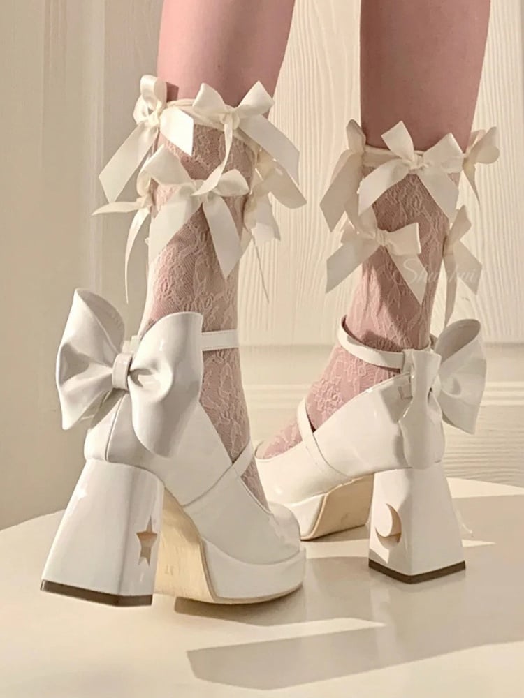 with Astral Platforms Back Bow Cut-Outs Themed Y2K Block and - Celestial Heels White