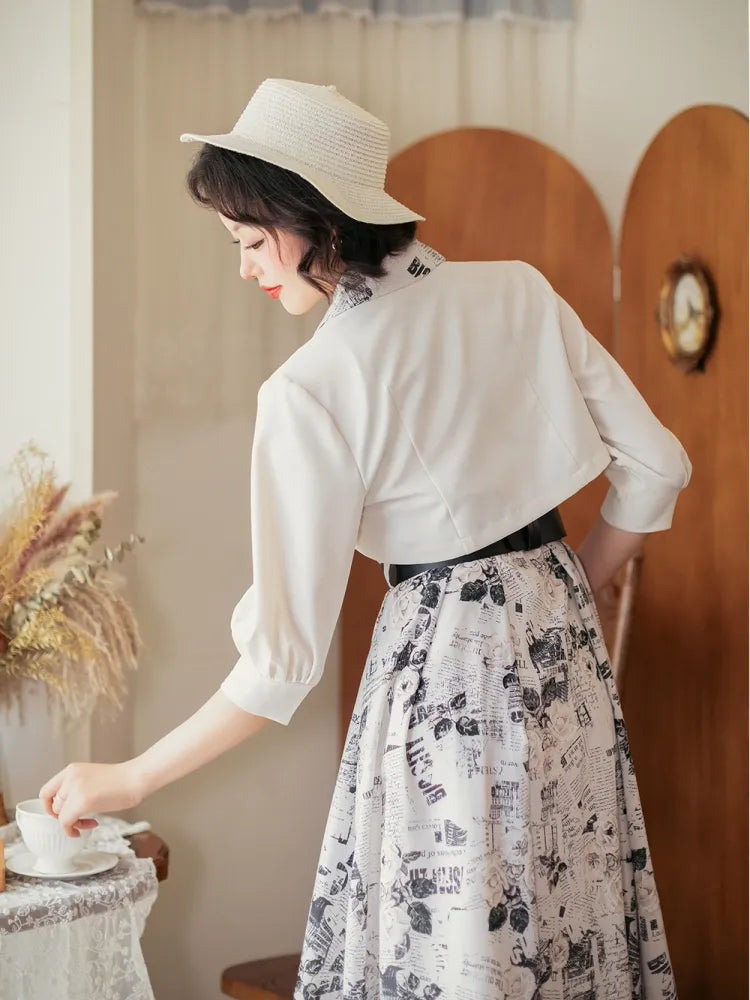 Sleeves Off Placket Top Open Elbow-length White