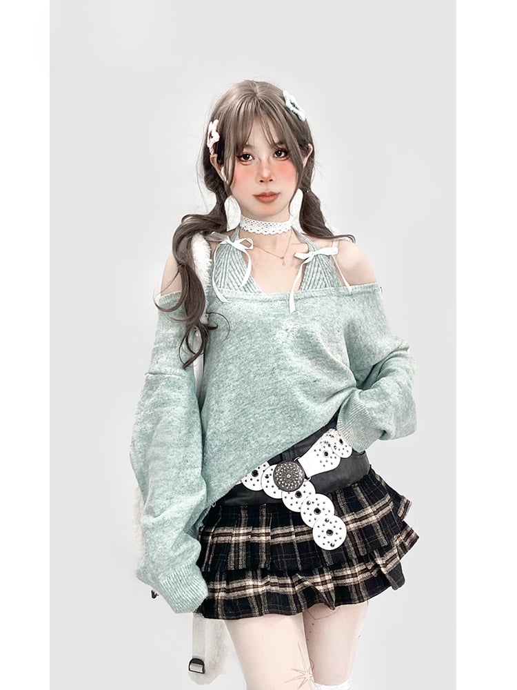 Mintgrüner Neckholder-Strickpullover mit Fake-Zweiteiler