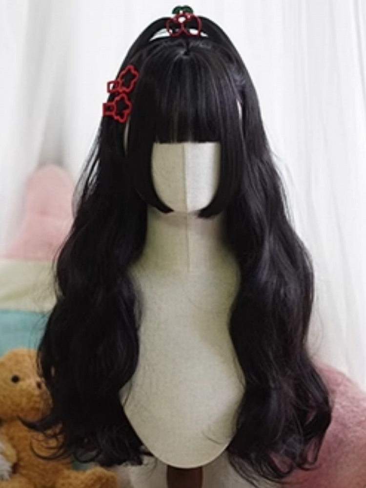 Black Hime Cut Long Wavy Wig With Full Bangs