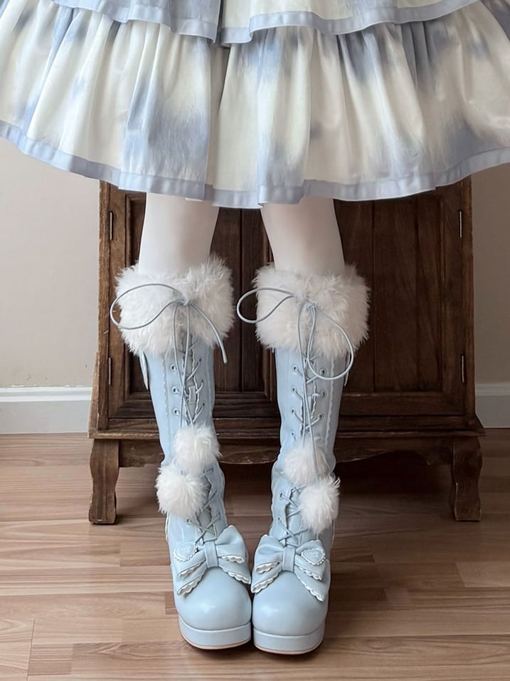 with PU in Cuff Plush Knee-Highs Blue Mid-heel