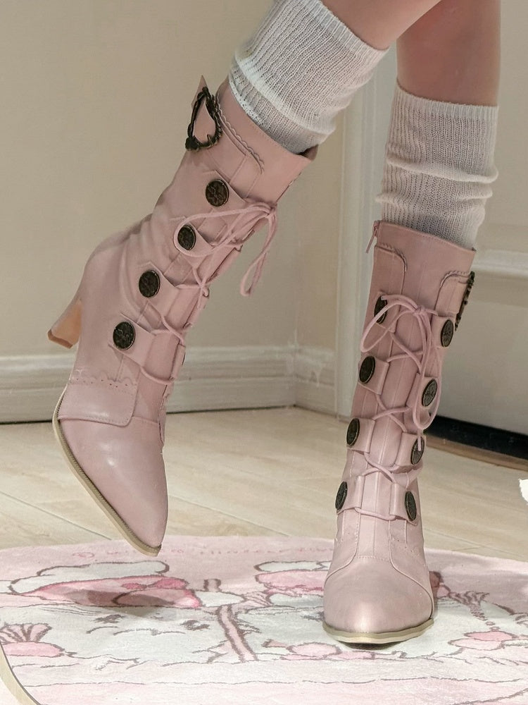 PU with Leather Toe Pointed Heels Lace-Up Lolita Sakura Mid-Calf Details Pink Design Boots Buckle -