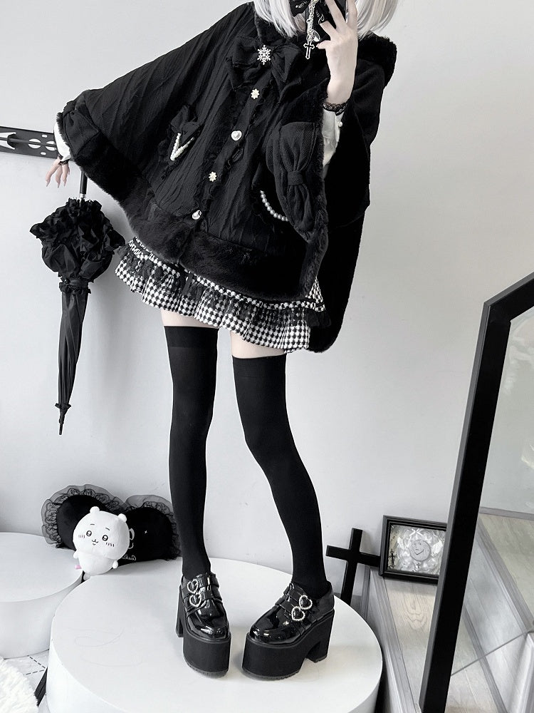 Design Detachable Plush Cape Bowknots Hood Jirai Kei Black Bunny Ears