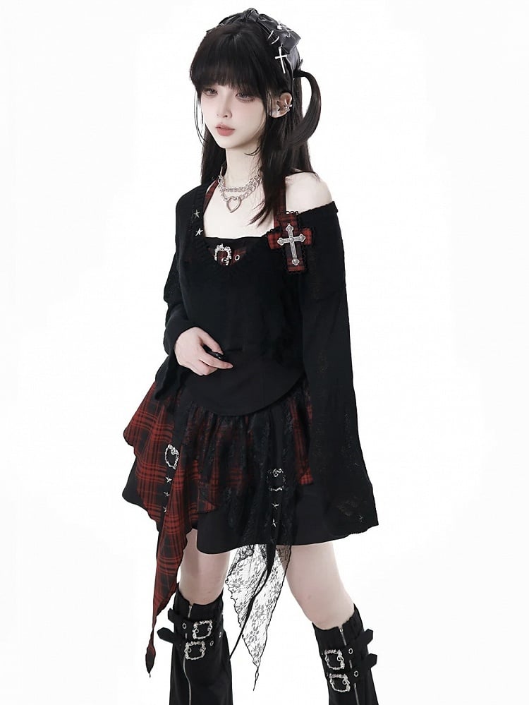 Plaid Adjustable Idol with Red/Black Top Black Panel Cami Y2K - Buckle Self-Tie Halter