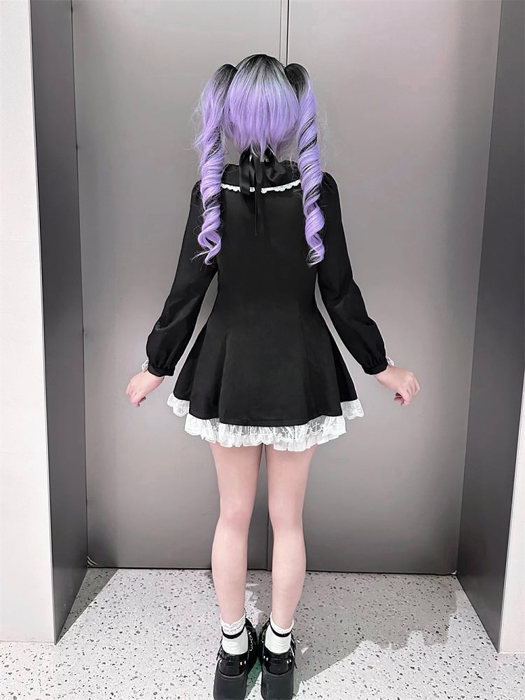 High Mini Coord with Dress Slit Matching Kei Black Set: Jirai Lace-Paneled Edgy Shorts