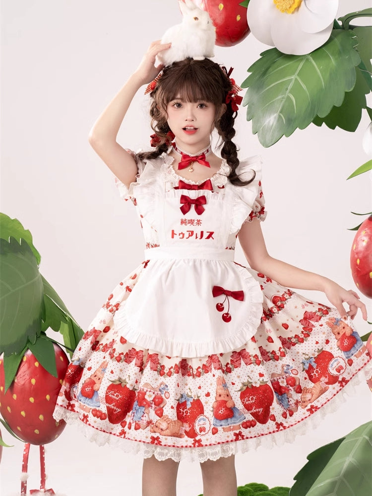 春のイチゴとウサギのプリントレーストリムリボンアクセントベージュスイートドレスロリータワンピース