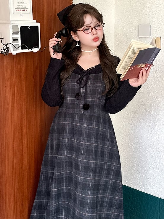 Übergröße, Staubblau, Woll-Overallkleid mit hoher Taille und Karomuster