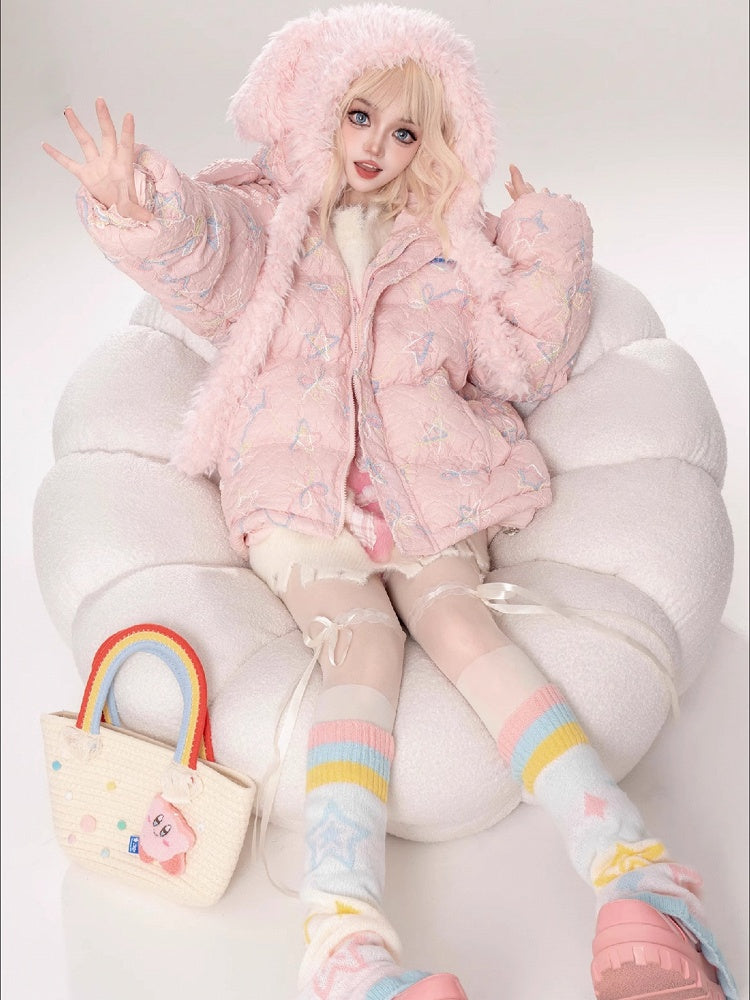 Milk White/Pink Stars and Bows Hooded Thick Jacket