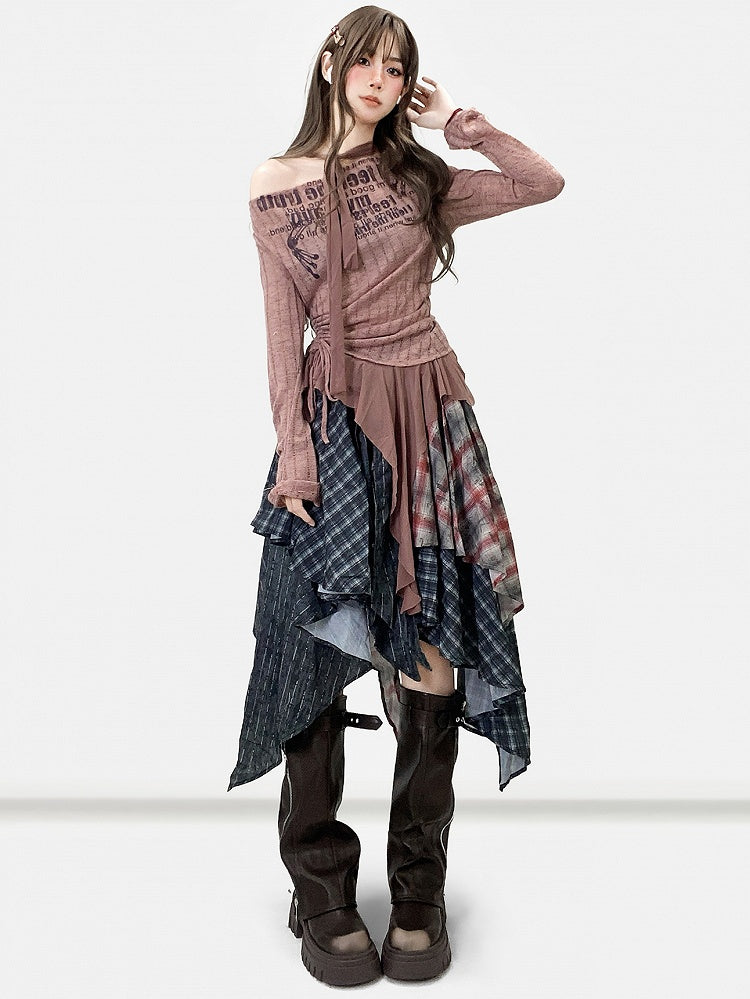 + Scarf Brown Letter Asymmetrical Top Pattern Print Millard Reddish Striped Fashion Hem