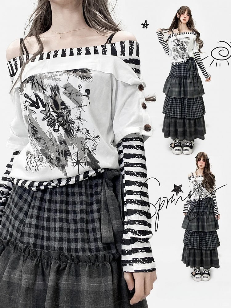 Striped Sleeves WhiteBlack Top Design Print Pattern Neckline Long Off-the-shoulder
